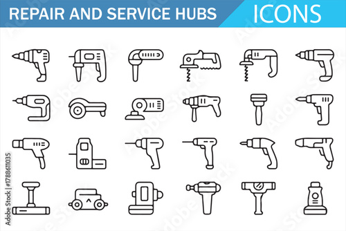 Power Equipment Icons Including Drill, Sander, and Circular Saw Designs