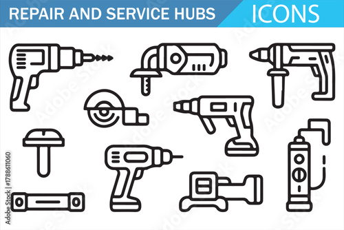 Workshop Power Tools Vector Icons — Black Outline Design Collection