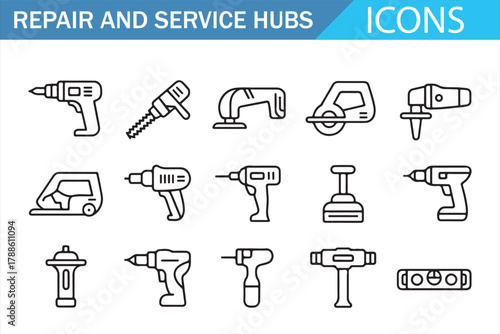 Modern Outline Icons of Electric Power Tools for Industry and Workshop