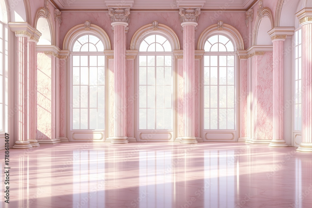 Obraz premium Sunlight illuminates pink grand hall through large windows in palace or castle, surrounded by lush greenery