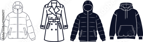 Collection of Four Outerwear Garment Illustrations with Contrasting Styles and Colors winter jacket