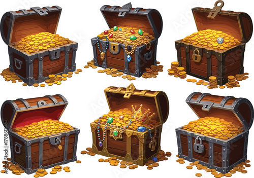 Opulent Treasure Chests Brimming with Gold, Jewels, and Crowns – Fantasy Wealth Icons for Adventure, Royalty, and Magical Storytelling