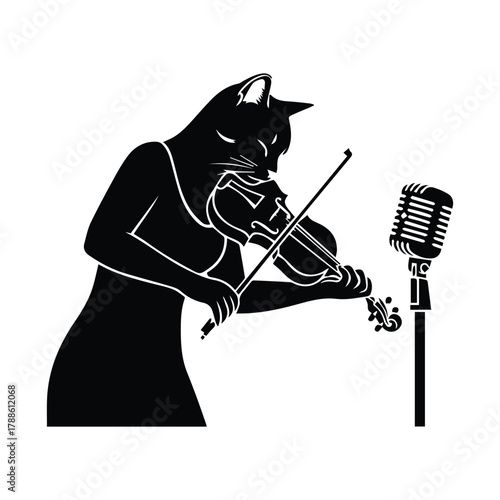 Feline musician plays violin next to vintage microphone silhouette
