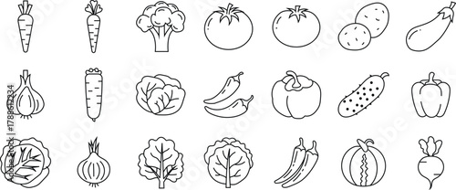 Collection of line art vegetable icons set: diverse produce depicted in a clean, simple, and modern graphic style for healthy eating. Vector, illustration