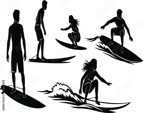 Silhouette of surfers riding waves on surfboards a dynamic depiction of water sports and coastal lifestyle in black and white
