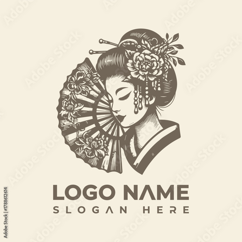Elegant Geisha with Fan Logo Vector Timeless Japanese Beauty