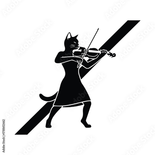 Anthropomorphic cat person playing violin silhouette with diagonal stripe