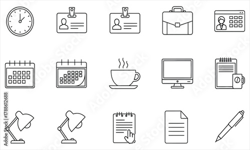 Collection of Icons Representing Office Supplies, Work Tools, and Business Essentials