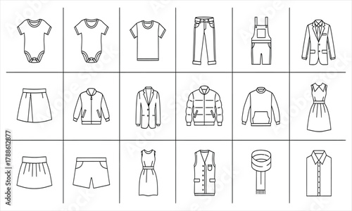 Clothing icons for kids and adults bodysuits, t-shirts, pants, dresses, jackets, shorts, vests, scarves, and shirts - vector graphic