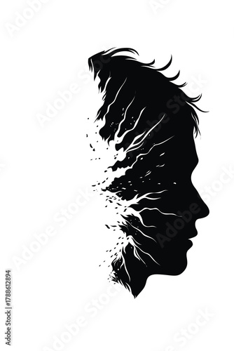 Abstract silhouette of a dissolving human head symbolizing stress, burnout, mental breakdown, and emotional exhaustion, representing fragile psychology and inner struggle.