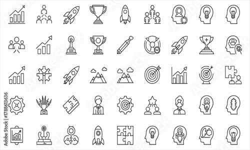 A versatile set of thin line icons for business strategy and startup success. Vector collection of symbols for growth, innovation, and teamwork