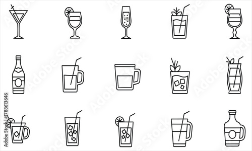 Diverse Vector Line Icons Collection of Popular Beverages and Assorted Drinkware, Perfect for Menu Design and Web Graphics