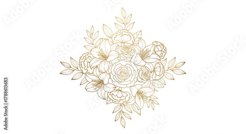 Golden floral bouquet, a beautiful arrangement of roses and lilies