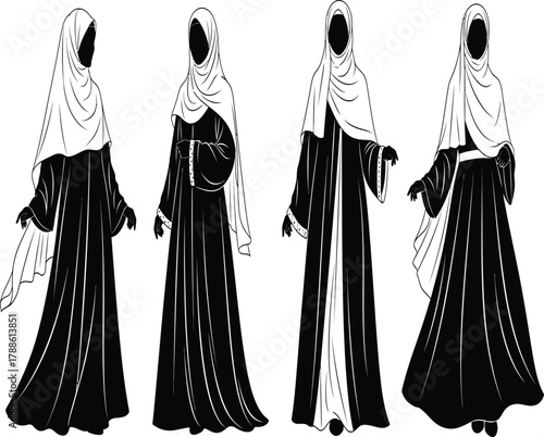 Silhouette of four women in traditional muslim dress, showcasing elegance and cultural heritage in a striking black and white design