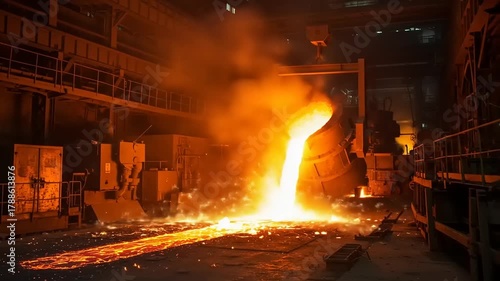 Impressive molten metal pouring process at a steel mill with intense heat and sparks