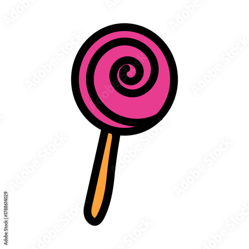 Simple cartoon illustration of a pink swirl lollipop. A sweet candy treat on a stick, perfect as an icon for confectionery or sugar concepts