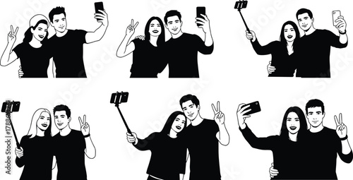 Selfie illustration, black and white, social interaction, smartphone pose, minimal line art, friendship moment, selfie stick, modern lifestyle, youth expression
