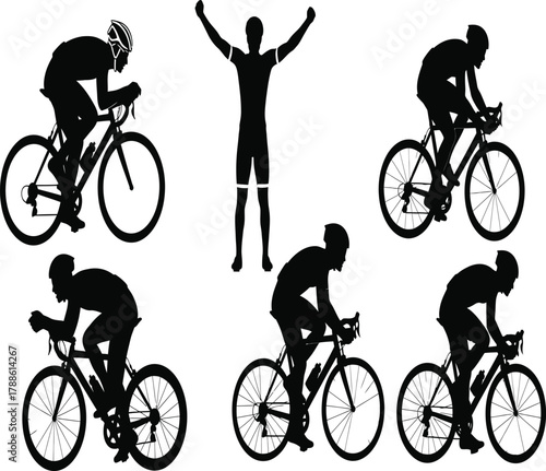 Silhouette of cyclists in action, capturing the intensity and triumph of bicycle racing in a dynamic black and white composition