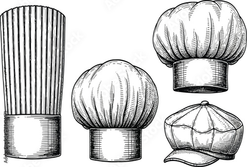 A collection of chef hats in various styles, showcasing culinary headwear