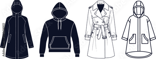 Hooded Jackets, Trench Coat, and Hoodie on White Background clothing fashion