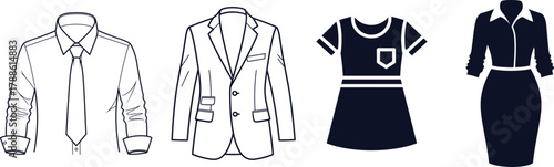 Set of Four Clothing Items Including Shirt Tie Jacket Dress and Skirt on White Background dress shirt