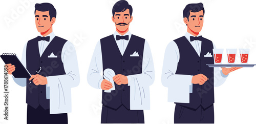 Waiters in uniform, restaurant service, hospitality staff, black and white, formal attire, tray serving, order taking, teamwork, elegant illustration