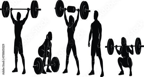 Silhouetted weightlifters in dynamic poses, showcasing strength and determination a powerful display of fitness and athleticism