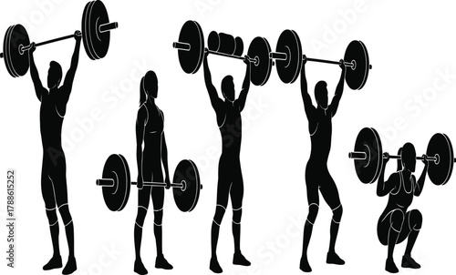 Silhouetted weightlifters in dynamic poses, showcasing strength and determination a powerful display of fitness and athleticism