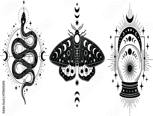 Mystical symbols featuring a snake, moth, and crystal ball, adorned with celestial elements and lunar phases, creating an enchanting and spiritual composition