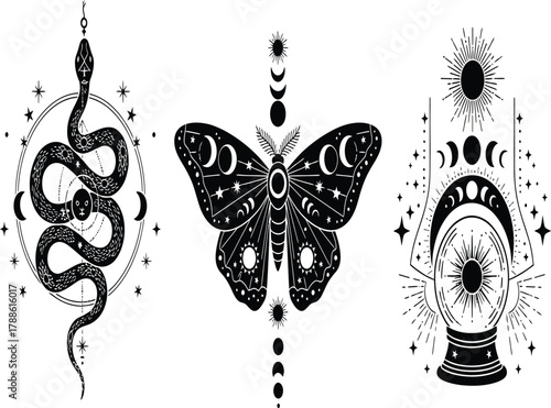 Mystical symbols featuring a snake, moth, and crystal ball, adorned with celestial elements and lunar phases, creating an enchanting and spiritual composition