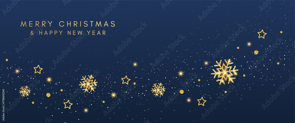 Naklejka premium Merry Christmas and Happy New Year! Luxurious festive vector illustration, snowflakes and stars on a blue background.