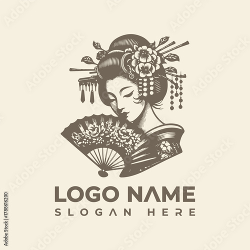 Japanese Geisha Logo Vector Illustration - Elegant Woman Portrait with Fan
