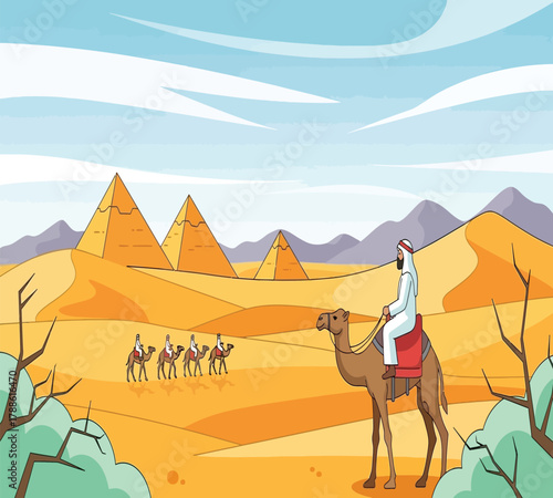 An expansive desert landscape in egypt, showcasing a camel caravan making its way towards the iconic pyramids under a bright blue sky with scattered clouds