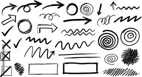 Hand Drawn Arrow and Shape Collection with Textured Outlines on Transparent Background