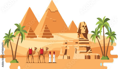 An expansive desert landscape in egypt, showcasing a camel caravan making its way towards the iconic pyramids under a bright blue sky with scattered clouds