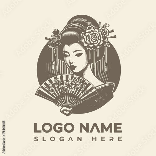 Elegant Geisha Holding a Fan Logo Vector Art Illustration