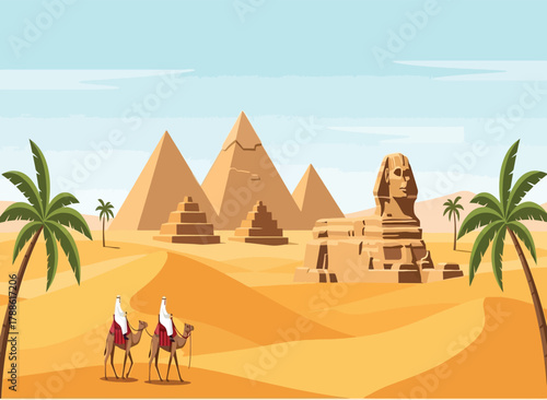 An expansive desert landscape in egypt, showcasing a camel caravan making its way towards the iconic pyramids under a bright blue sky with scattered clouds