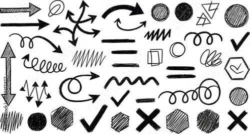 Hand Drawn Arrows and Geometric Shapes in Grunge Style on Transparent Background