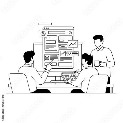 Dedicated UX UI designers and developers actively collaborating innovating digital interface elements on a large monitor within a contemporary workspace for product development