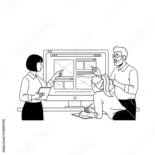 Diverse professional team collaborates discussing modern digital user interface design on a large computer monitor in an office setting highlighting teamwork and innovation