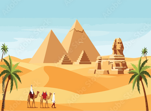 An expansive desert landscape in egypt, showcasing a camel caravan making its way towards the iconic pyramids under a bright blue sky with scattered clouds