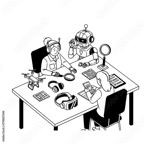 Diverse team of researchers and a robot collaborating on advanced technology development at a modern lab desk with drone VR headset and circuit board