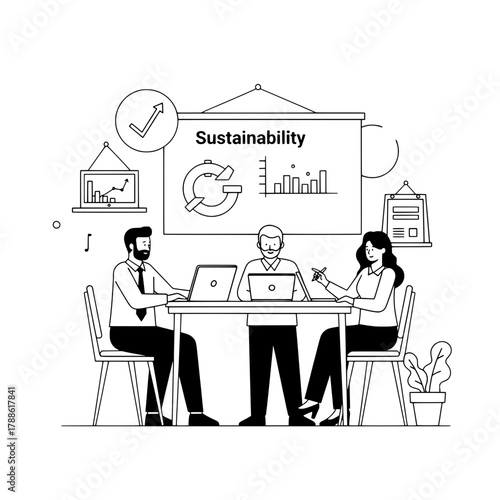 Engaged diverse corporate team discussing sustainability initiatives in a modern conference setting with a presentation screen showing data promoting environmental responsibility
