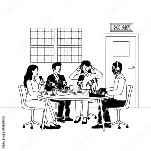 Four diverse skilled professionals collaborating on a modern broadcast studio featuring microphones and sound equipment for a live podcast recording