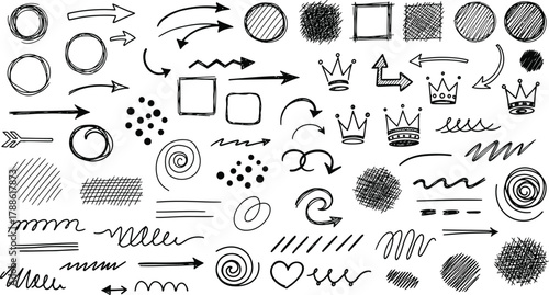 Hand Drawn Arrows Circles Squares Swirls Hearts and Crowns on Transparent Background