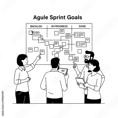 Professional team members collaboratively analyzing agile sprint goals displayed on a project management board in a modern office meeting