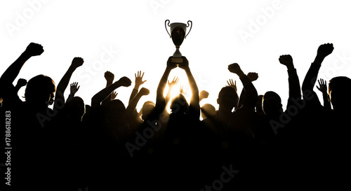Crowd, celebrating victory holding up a trophy with raised arms and fists, cutout, PNG isolated on white or transparent background