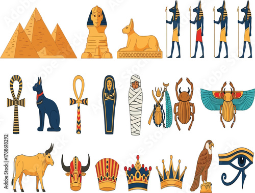 A vibrant pixel art illustration showcases a variety of ancient egyptian symbols and figures, including pharaohs, pyramids, and sacred animals, against a clean backdrop