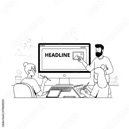 Diverse creative professionals actively collaborate brainstorming digital content displayed on a large computer screen in a modern office workspace illustrating teamwork project development