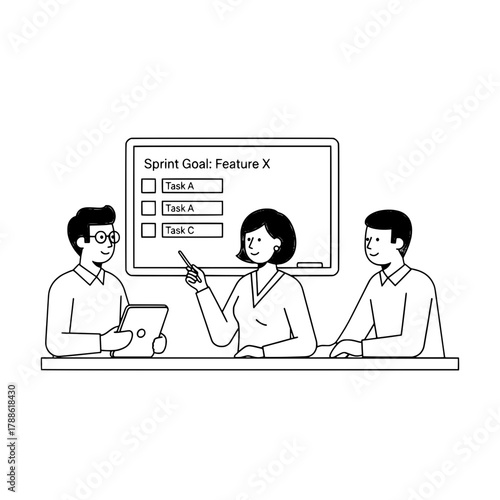 Diverse engaged professional business team members discussing project tasks in a collaborative meeting room featuring a whiteboard with sprint goals for agile development planning